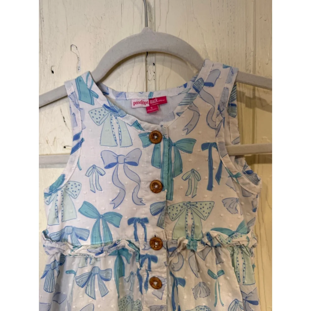 Penelope Mack Girls White Blue Bow Print Dress Small